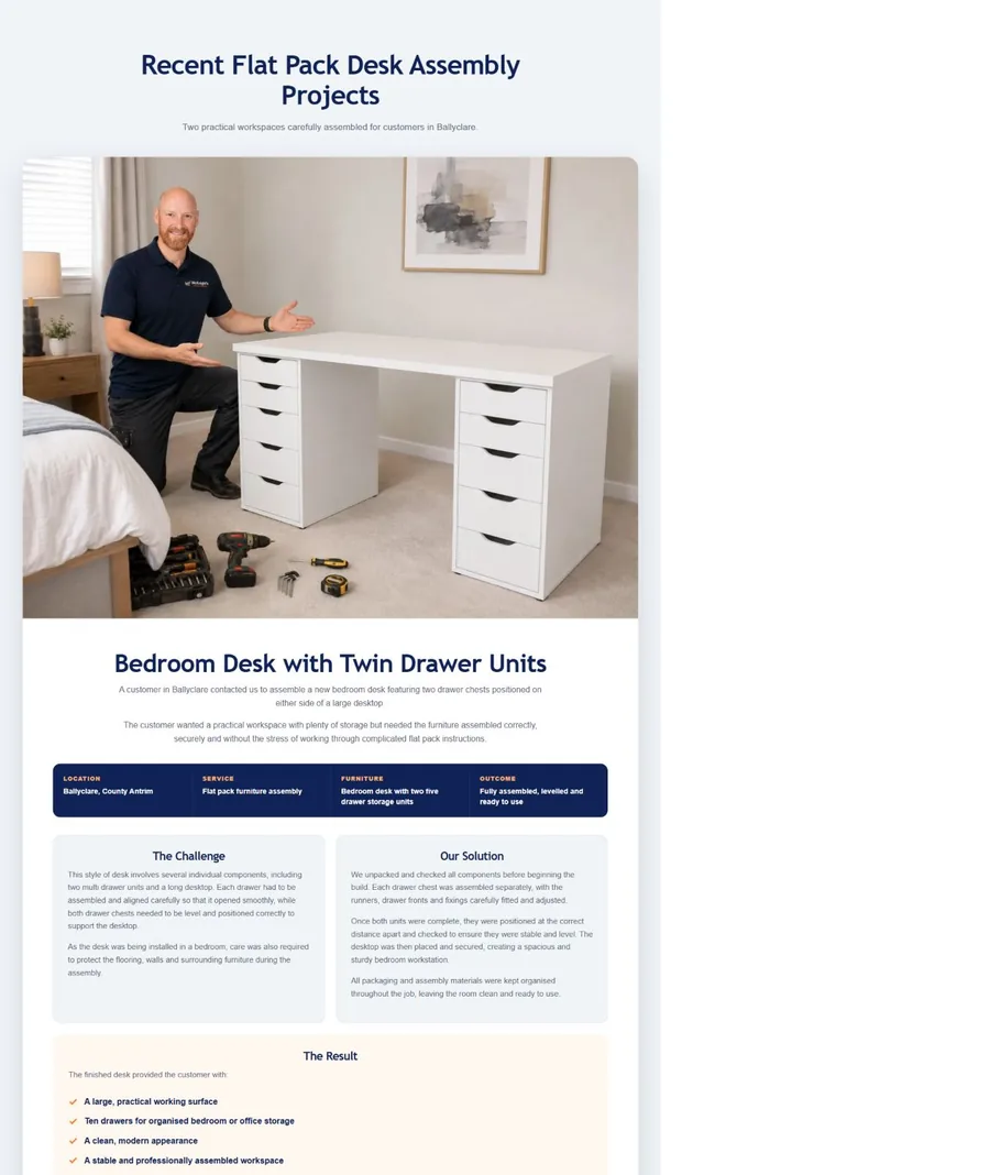Completed bedroom desk project from McKnight's Flat Pack Assembly