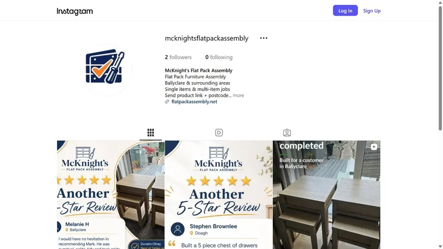 Public Instagram profile for McKnight's Flat Pack Assembly